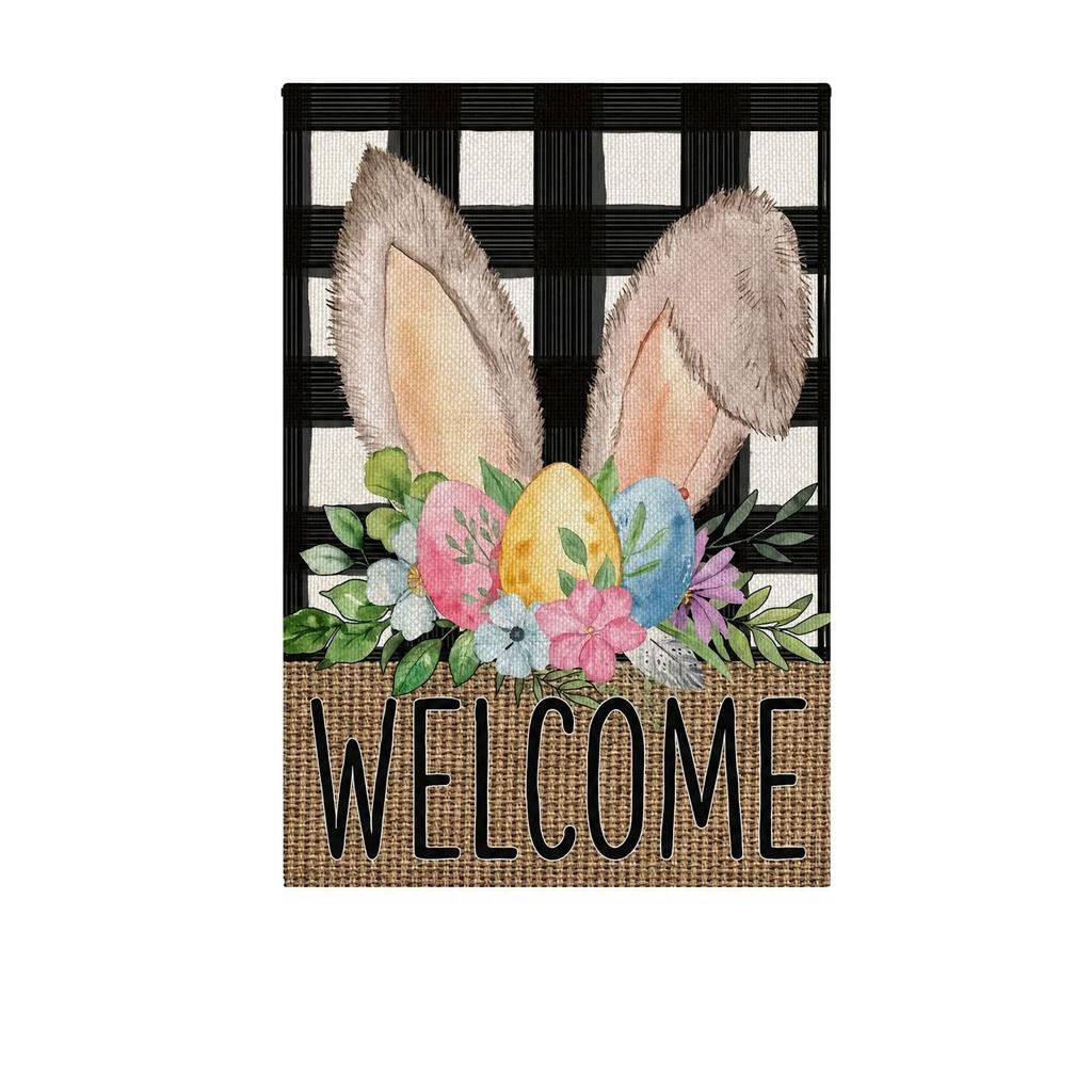 Double-Sided Linen Garden Flag with Bunny and Egg Pattern, Outdoor Yard Holiday Decoration, Flag Pole Not Included