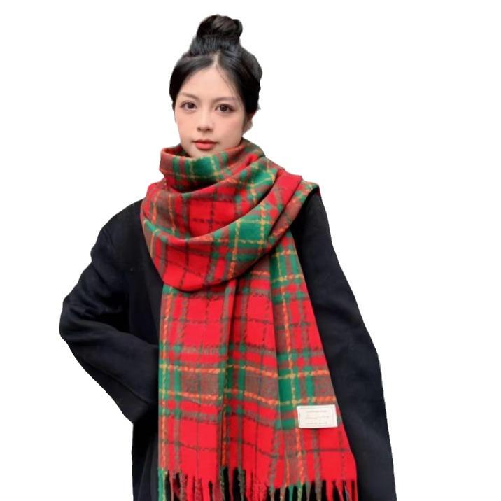 Women's Winter Christmas Plaid Scarf - Korean Fashion, Thick Warm Imitation Cashmere Shawl with Tassels
