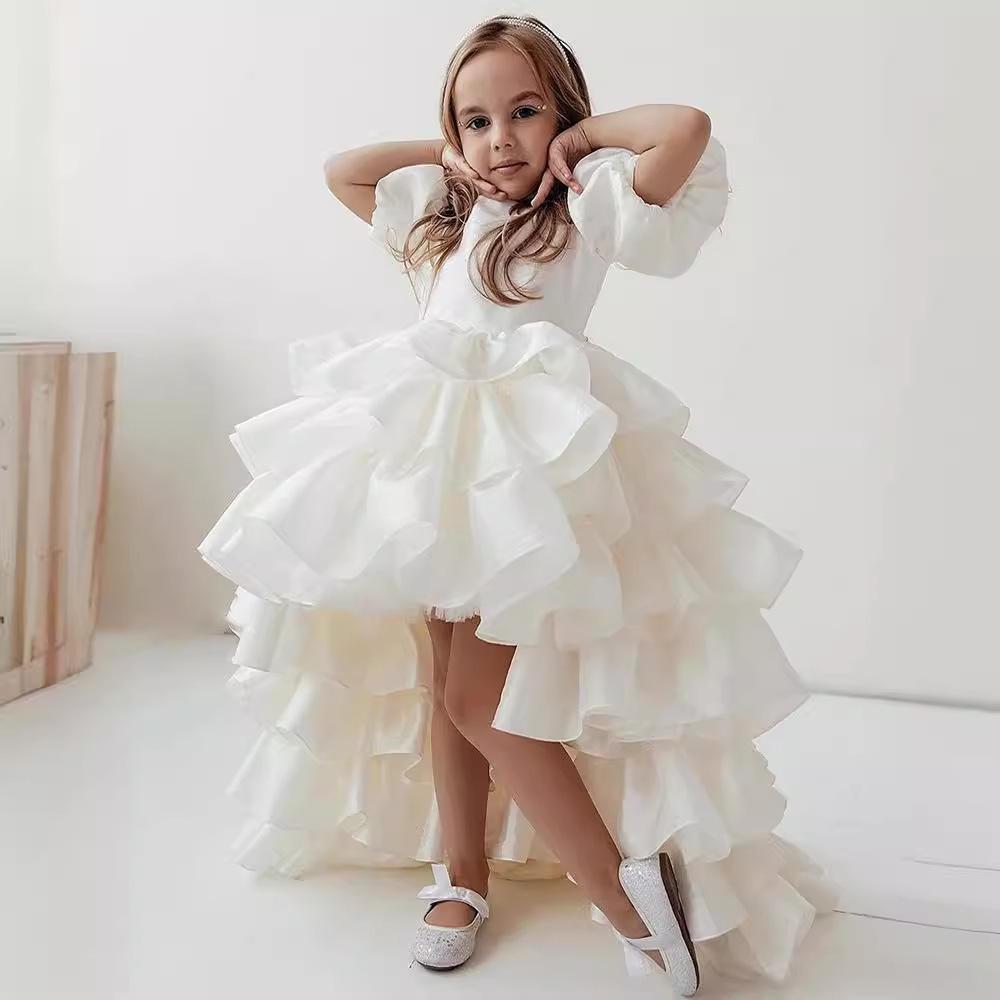 Girls' White Puffy Princess Dress - Flower Girl Wedding Long Gown