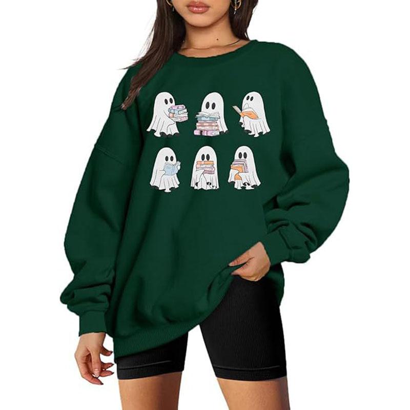 Hallowmas Ghost Print Long Sleeve Sweatshirt Women Crew Neck Oversized Pullover Top