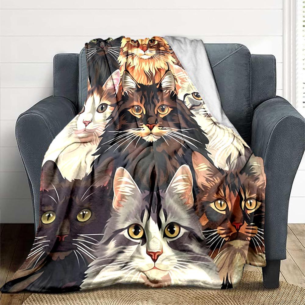 1pc Cat Collection Print Blanket   Lightweight Flannel Throw Blanket For Sofa, Bed, Living Room, Office, Outdoor Travel, Camping