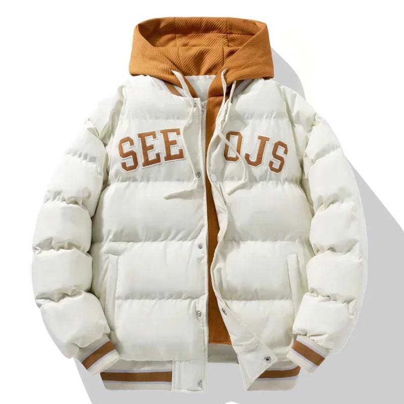 

2025 Winter Baseball Jacket Harajuku Fake 2 Pct Design Thick Down Cotton Padded Coat Streetwear Loose Cold-proof Hooded Coat M бежевый