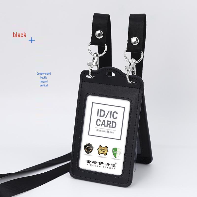 Genuine Leather Work ID Holder with Lanyard, Four Card Slots, Employee Badge Neck Strap.