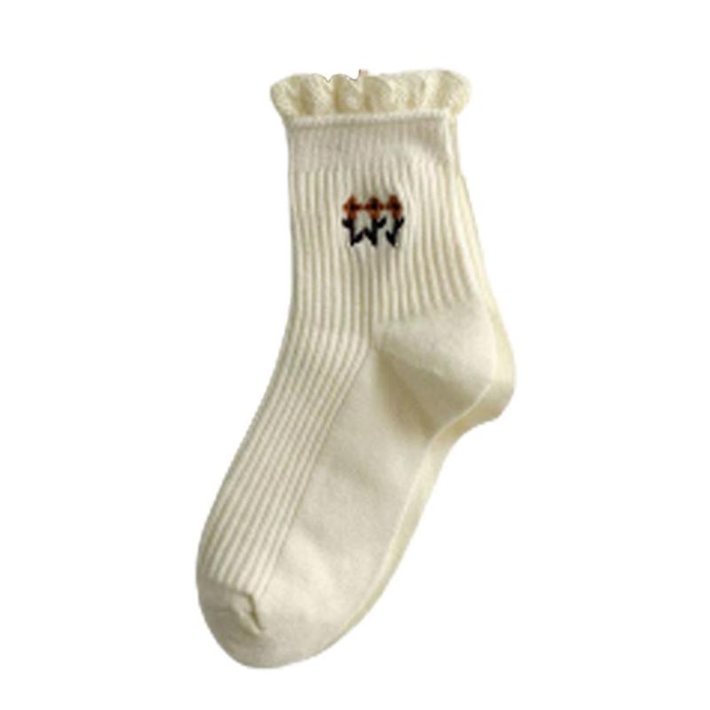 Ladies Tube Socks Embroidered Flower Socks Double Needle Pure Color
