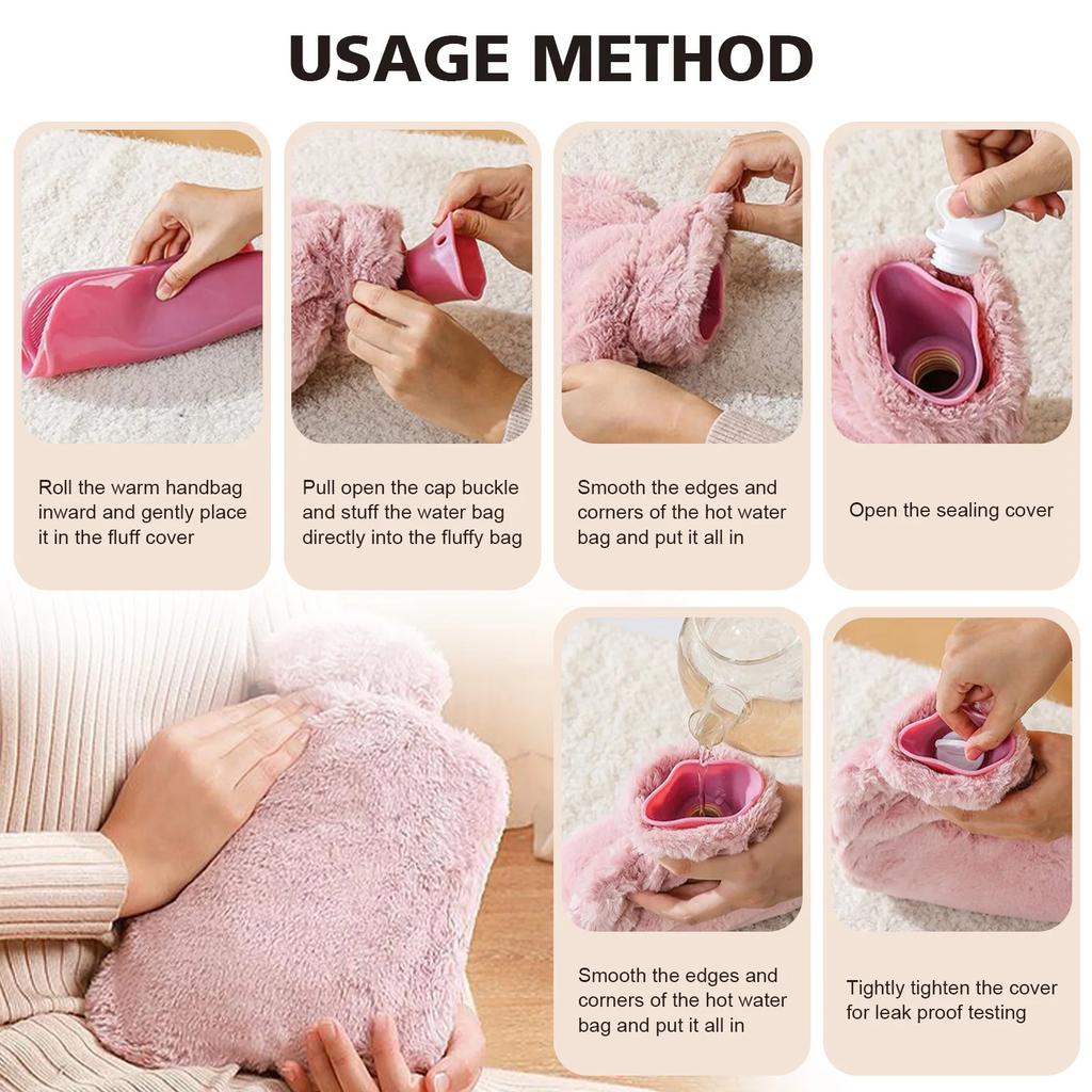 1000ML Refillable Hot Water Bag with Removeable Faux Fur Cover Winter Hand Feet Warmer Water Bottle