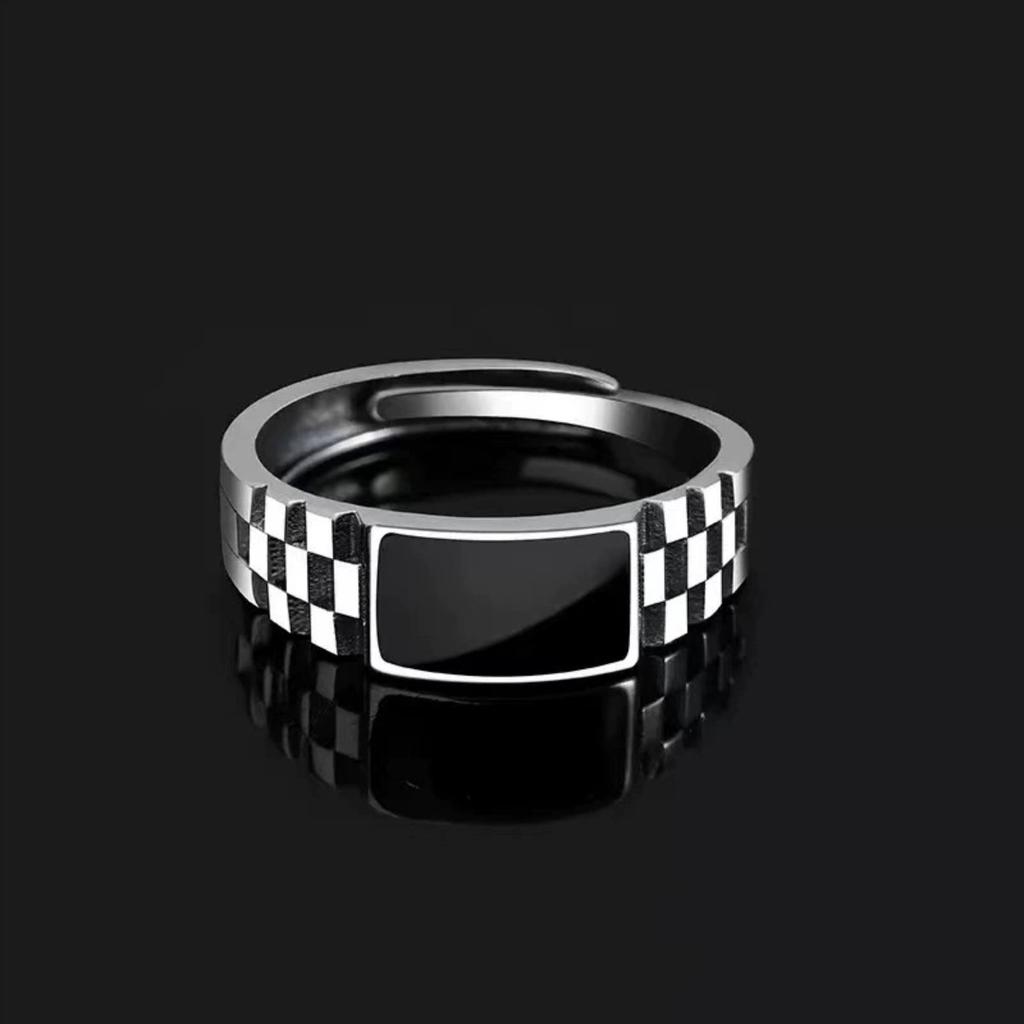 Vintage Faux Onyx Rings for Men Temperament Stainless Steel Adjustable Open Ring Silver Color  Punk Jewelry Gifts
