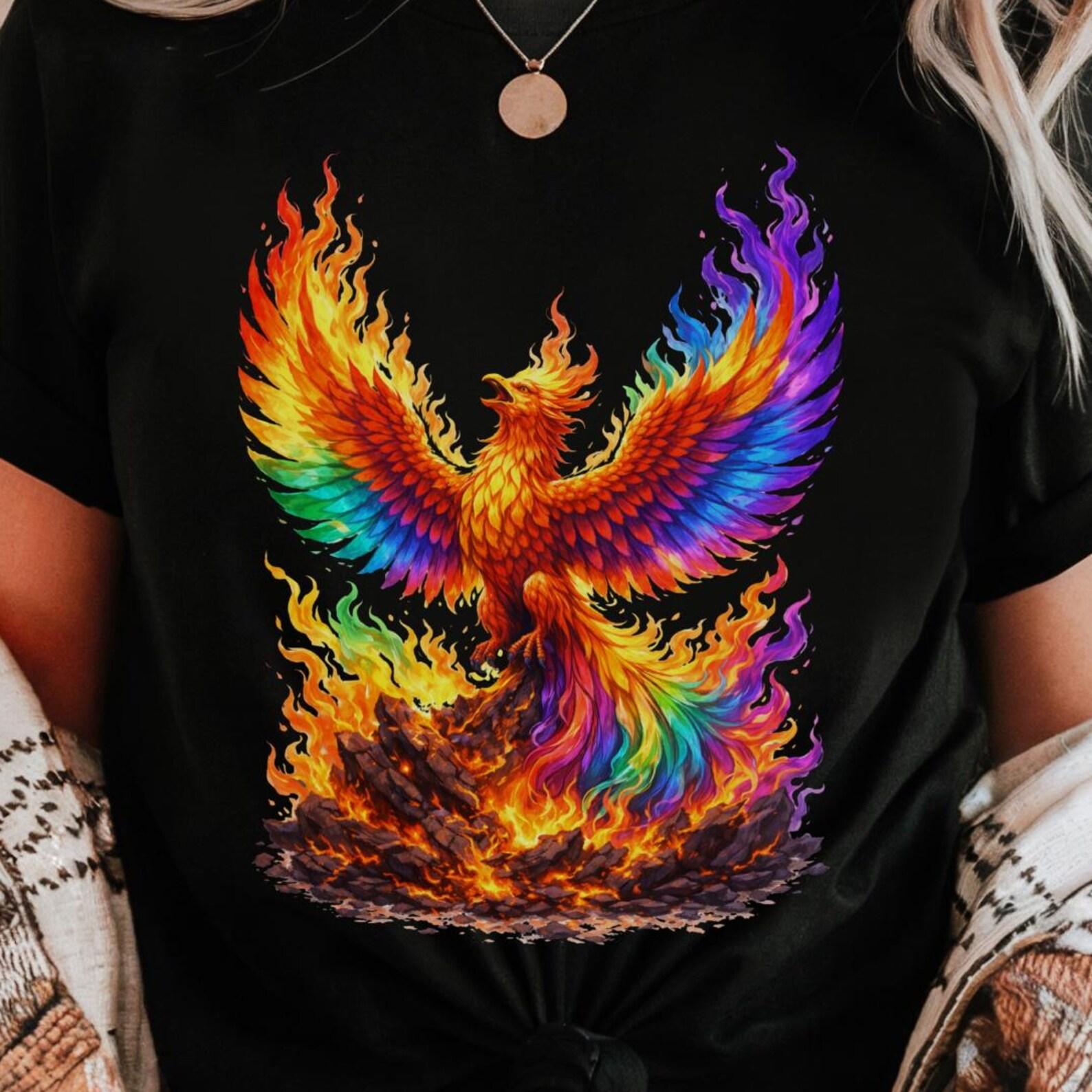 Rainbow Phoenix Tee | Colorful Firebird Graphic T-Shirt 2XL