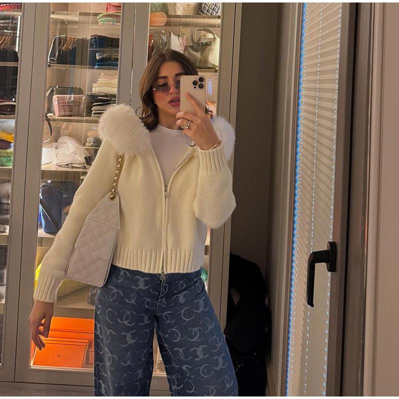 Long-sleeved Fur Collar Hooded Sweater Autumn and Winter Inner and Outer Wear Dual-purpose Ladies Solid Color Zipper Blouse Slim Knit Ladies Cardigan