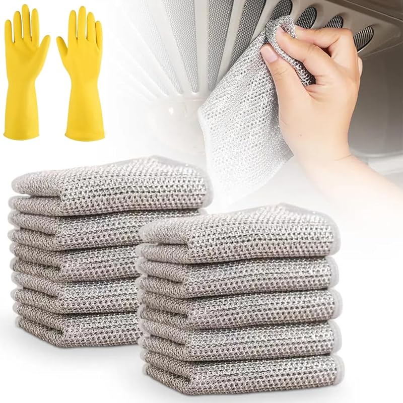 Multipurpose Wire Dishwashing Rags, 2025 New Multipurpose Wire Dishwashing Rags for Wet and Dry with Rubber Gloves, Reusable Premium Metal Scrubbing 10PCS