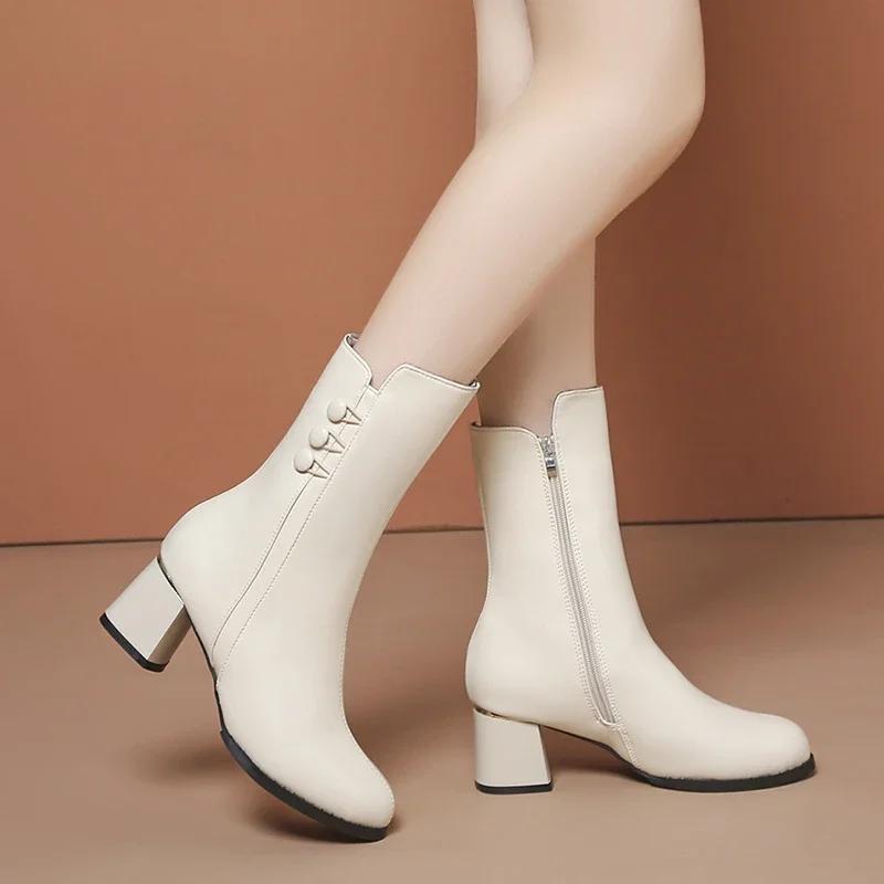 Fashion Shoes Female 2024 Hot Sale Mid-Calf Women's Boots Elegant Modern Boots Women Round Toe High Heels Buttons Side Zip Shoes Women