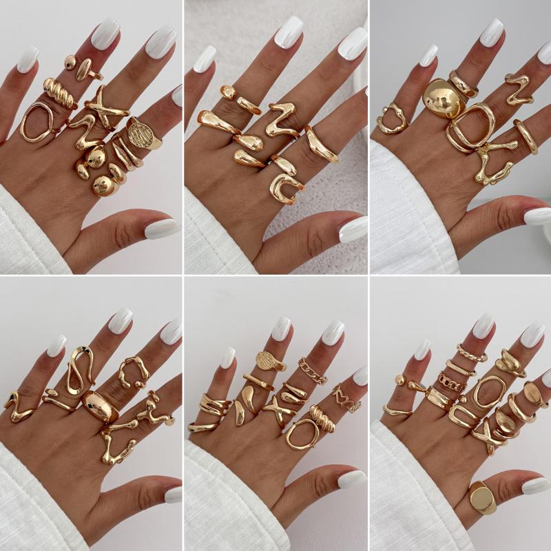 1Set Irregular Glossy Metal Open Rings For Women Vintage Punk Gold Silver Color Personality Finger Ring Female Jewelry