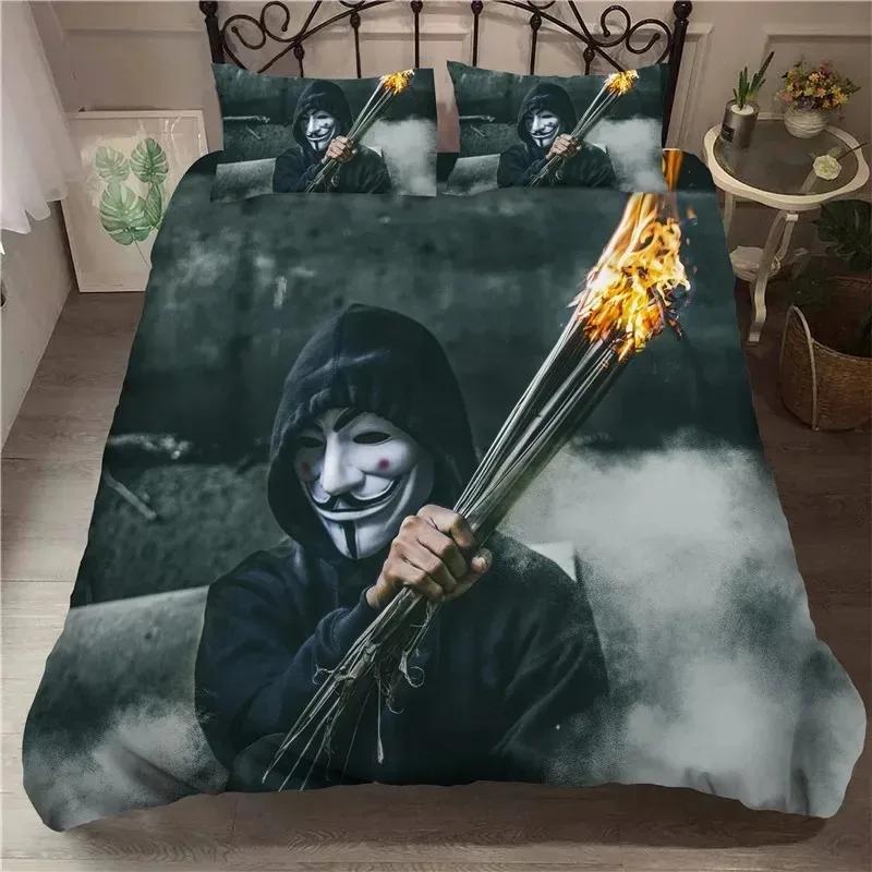 

3D Printed Anonymus With Mask Bedding Set Boys Girls Twin Queen Size Duvet Cover Pillowcase Bed Boys Adult Home Textileextile EU single(135x200cm)