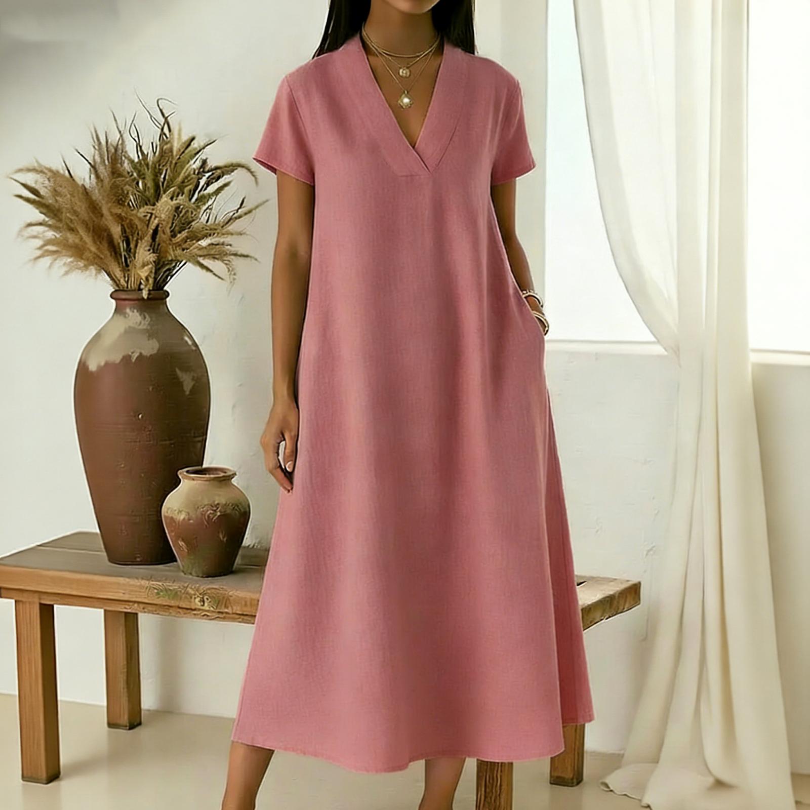 

Women s Round-neck Short-sleeved -color Mid-length Loose-fitting Dress With Large Pockets And Casual XL рожевий