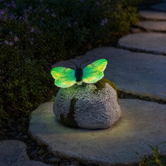 Yousheng Solar Butterfly Stone Light, Resin Garden Decoration with Natural Stone Look, Soft LED Outdoor Lamp for Lawn Pathway