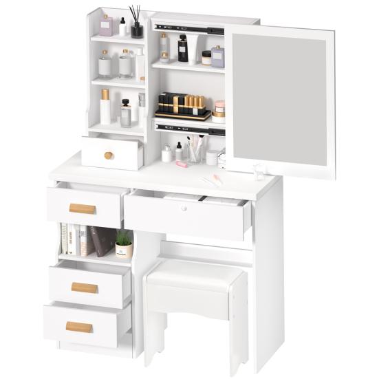 Vanity Desk with Sliding Mirror, Bedroom Dressing Table, Makeup Table with 5 Drawers & Shelves, Hidden Storage Space
