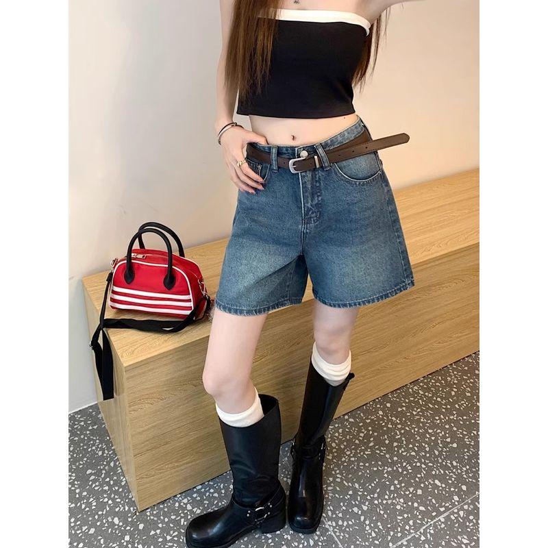 Kumikumi Retro Washed Denim Fifth Pants Women High Waist Loose Straight Wide Leg Pants Shorts