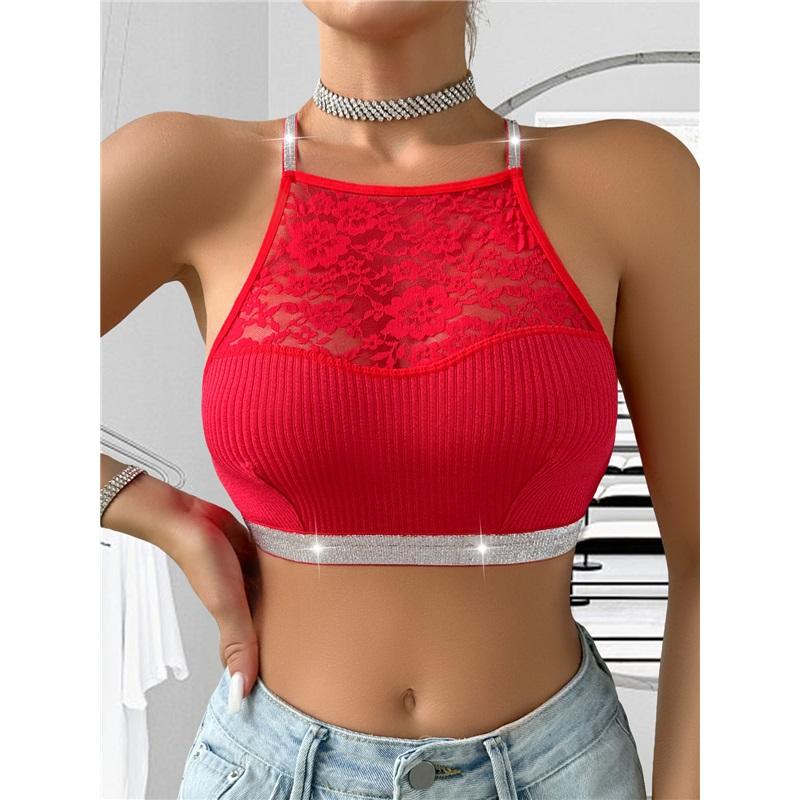 

Кружевной бюстгальтер-холтер без спинки с серебряной лентой, стильное нижнее белье, бюстгальтер-майка для верхней одежды, женский модный бюстгальтер XS красный