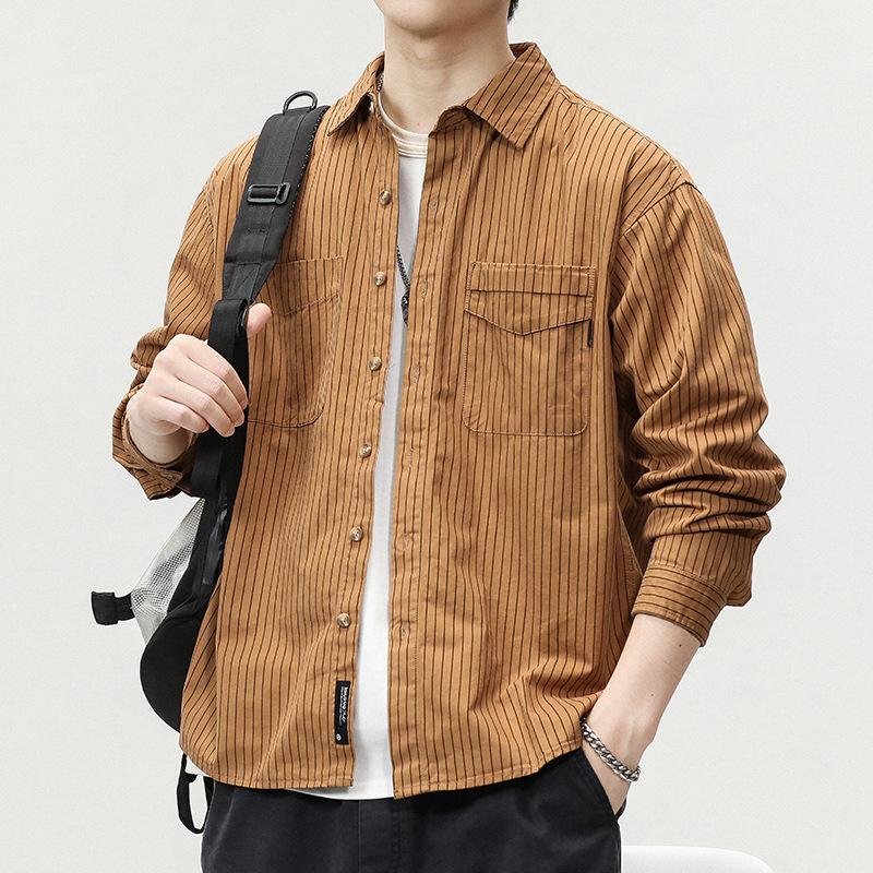 Working Shirt Jacket for Men Spring and Autumn Retro Striped Casual Loose Trendy Shirt Jacket