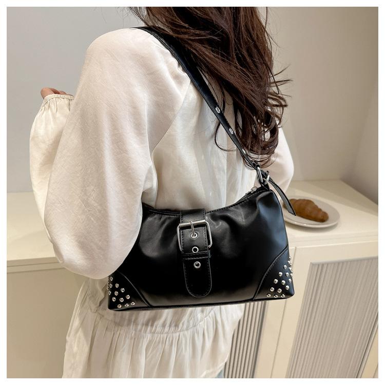 Retro Distressed Faux Leather Shoulder Bag for Women, Biker Style Rivet Pin Closure Clutch, Trendy Baguette Crossbody Handbag CLE