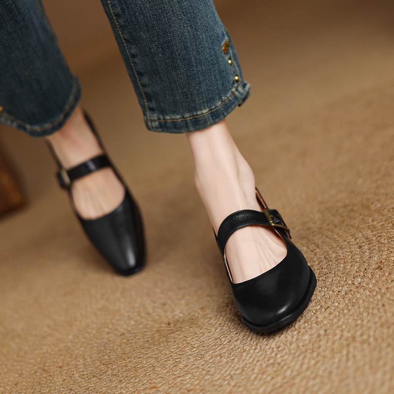 Krazing Pot Sheepskin Autumn Winter Shoes Buckle Straps Low Heels Mary Janes Size 40 Round Toe Brown Color Pumps