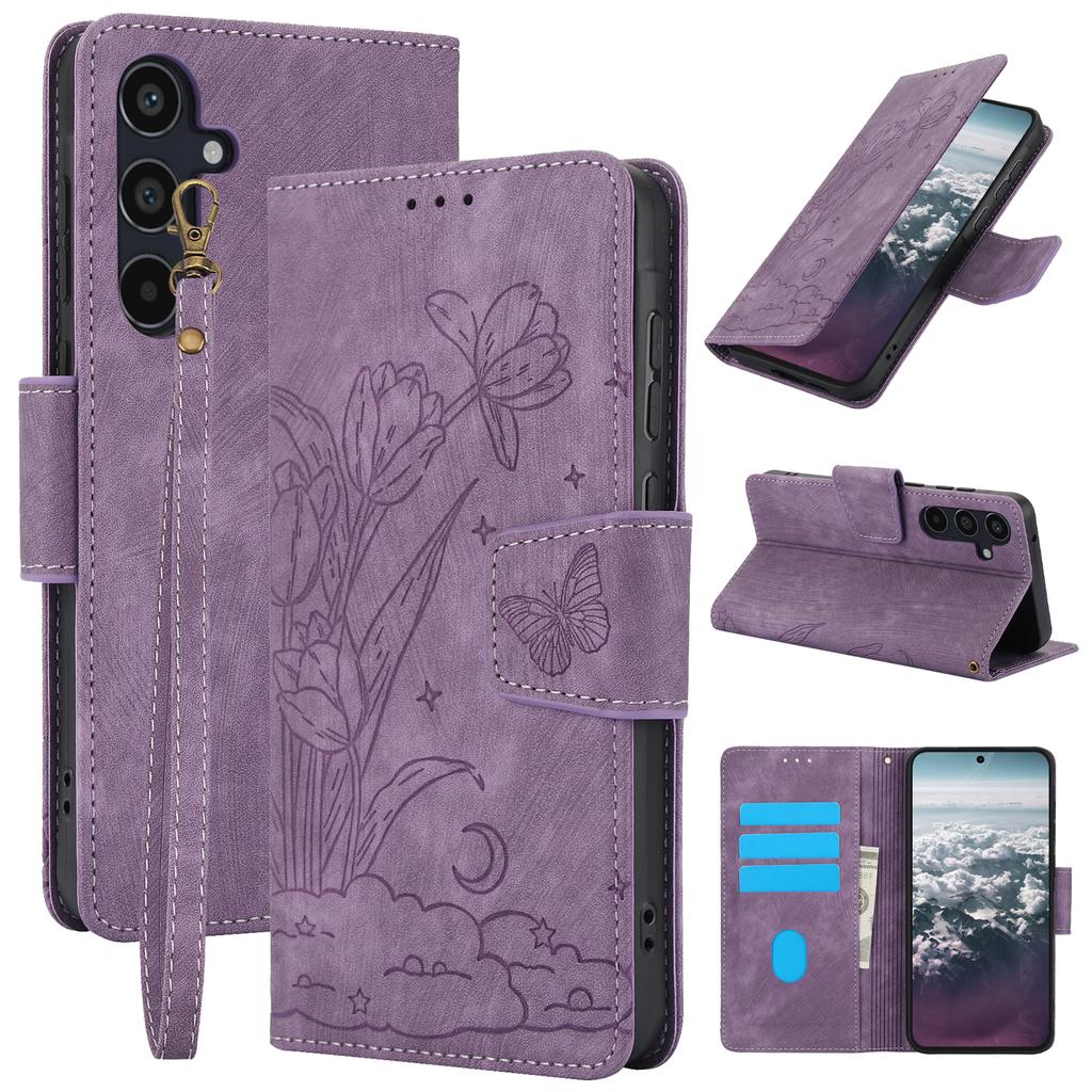 For Samsung Galaxy A57 5G Case Flower Butterfly Leather Wallet Phone Cover with Hand Strap