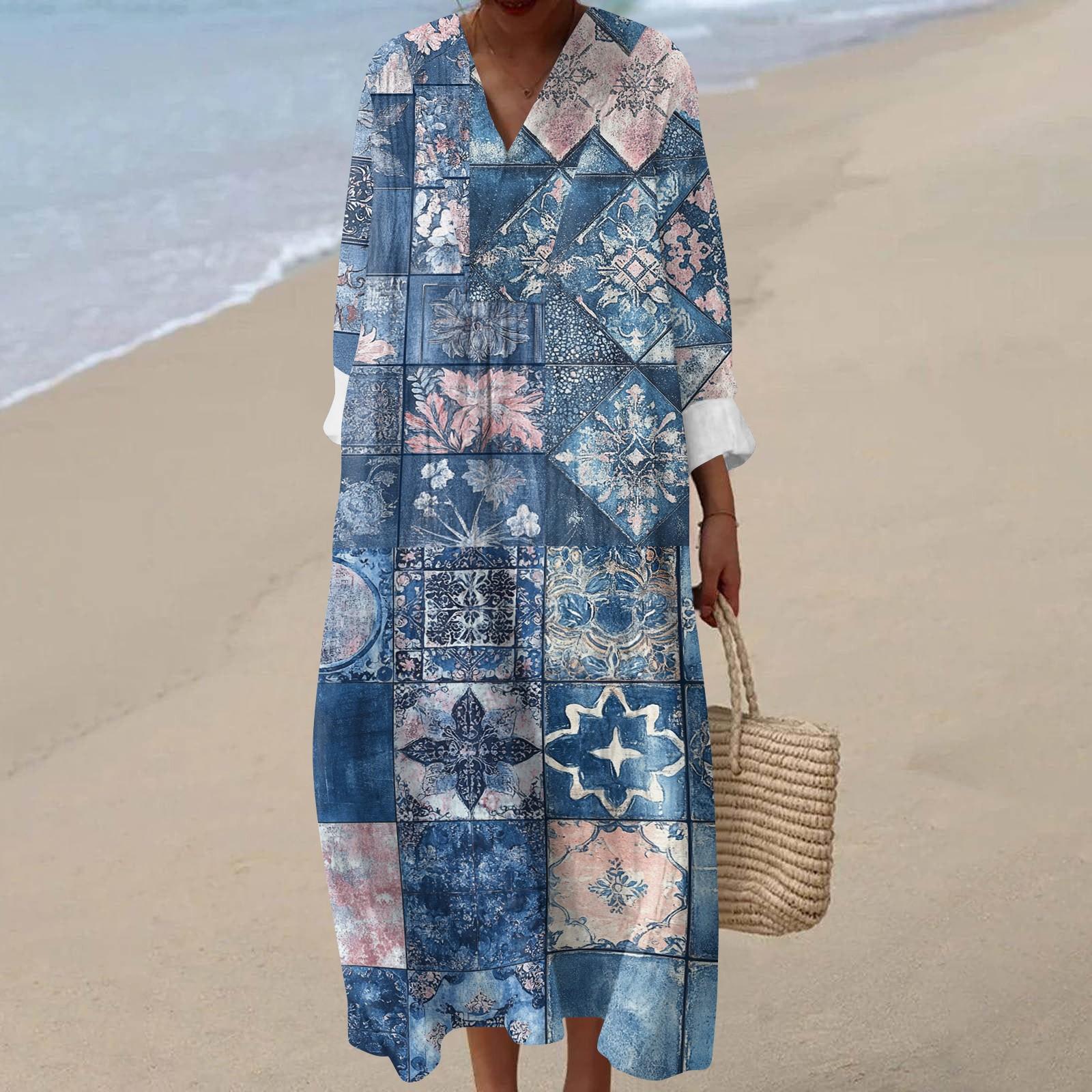 

Женское повседневное модное платье макси с V-образным вырезом и длинными рукавами с цветочным принтом L