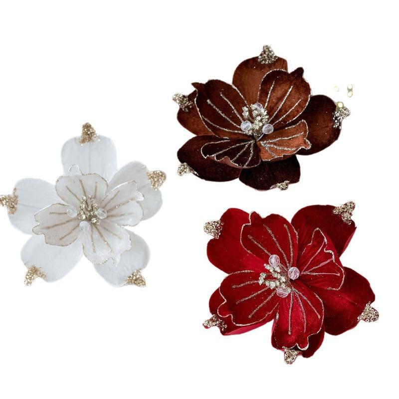 New Christmas Decorations Simulation Flower Christmas Flower 22cm Fabric Sticky Powder Sequins Simulation Magnolia Flower