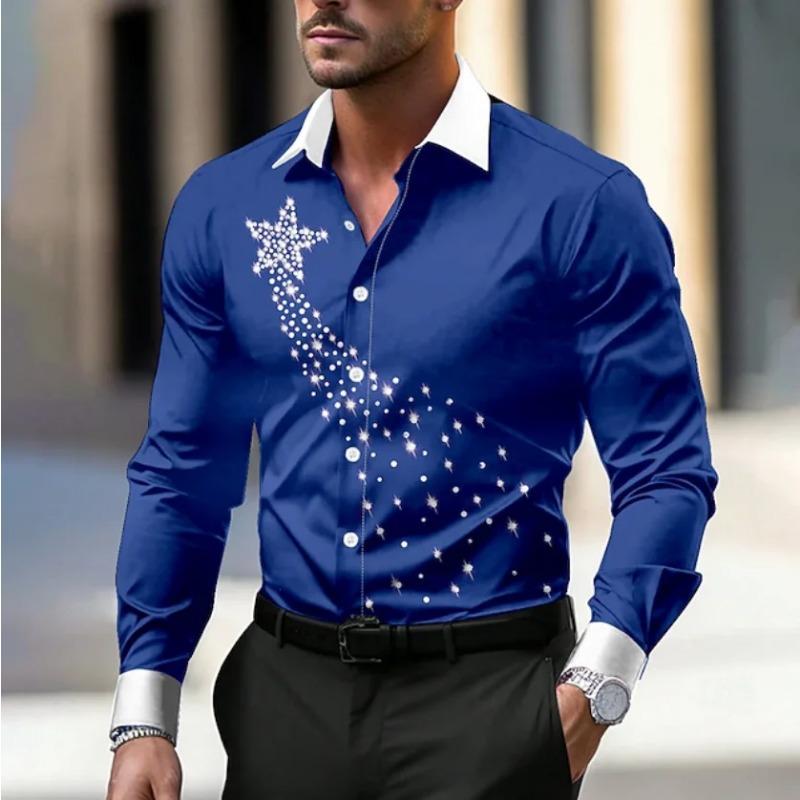 Christmas Theme Men Casual Long Sleeve 3D Star Printed Street Party Long Sleeve Soft and Comfortable Shirt Santa