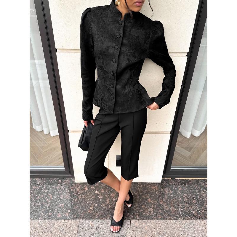 Women New Chinese Style Stand Collar Long Sleeve Waisted Puff Sleeve A Line Outerwear Coat