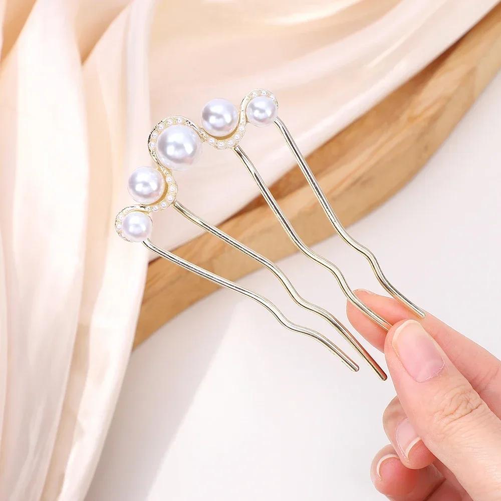 Korean U Shaped Pearl Hair Fork Clip Women Girls Hair Pin Combs Messy Bun Hairpins Clip Side Combs Updo Sticks Hair Accessories