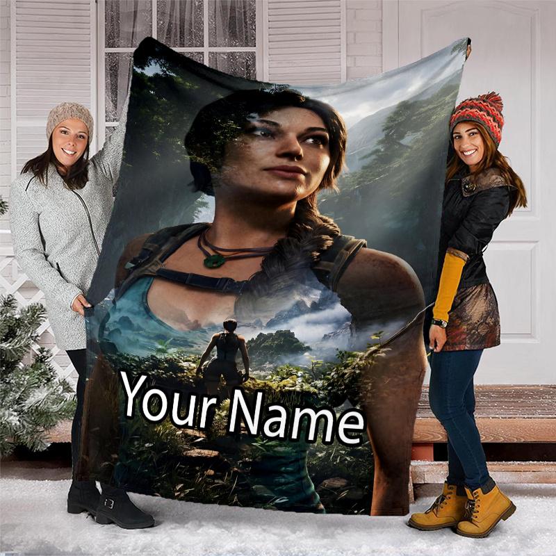 Custom Name Tomb Raider Theme Printed Blanket - Perfect for Couch, Bed, Travel & Outdoor Use | Machine Washable, Cozy & Durable.