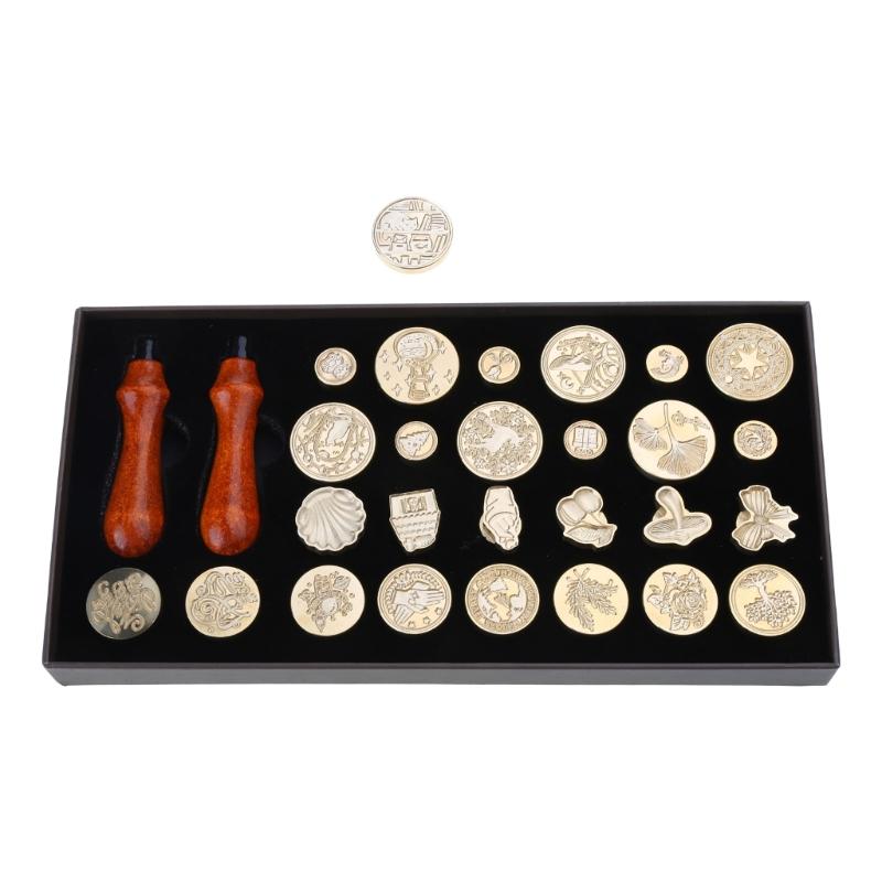 Wax Seal Stamp Gift Box Set 26 Letters Sealing Wax Stamps with 2pcs Wooden Handles Wax Stamp Kits for Cards Envelopes