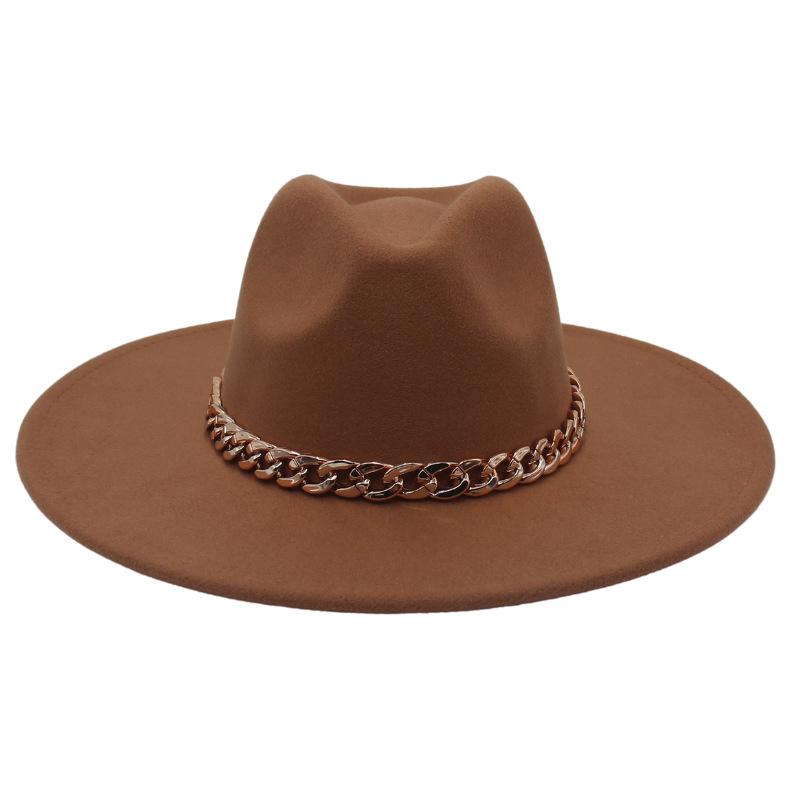 Big Brim Gold Acrylic Chain Felt Hat Solid Color Cashmere Jazz Hat French Top Hat
