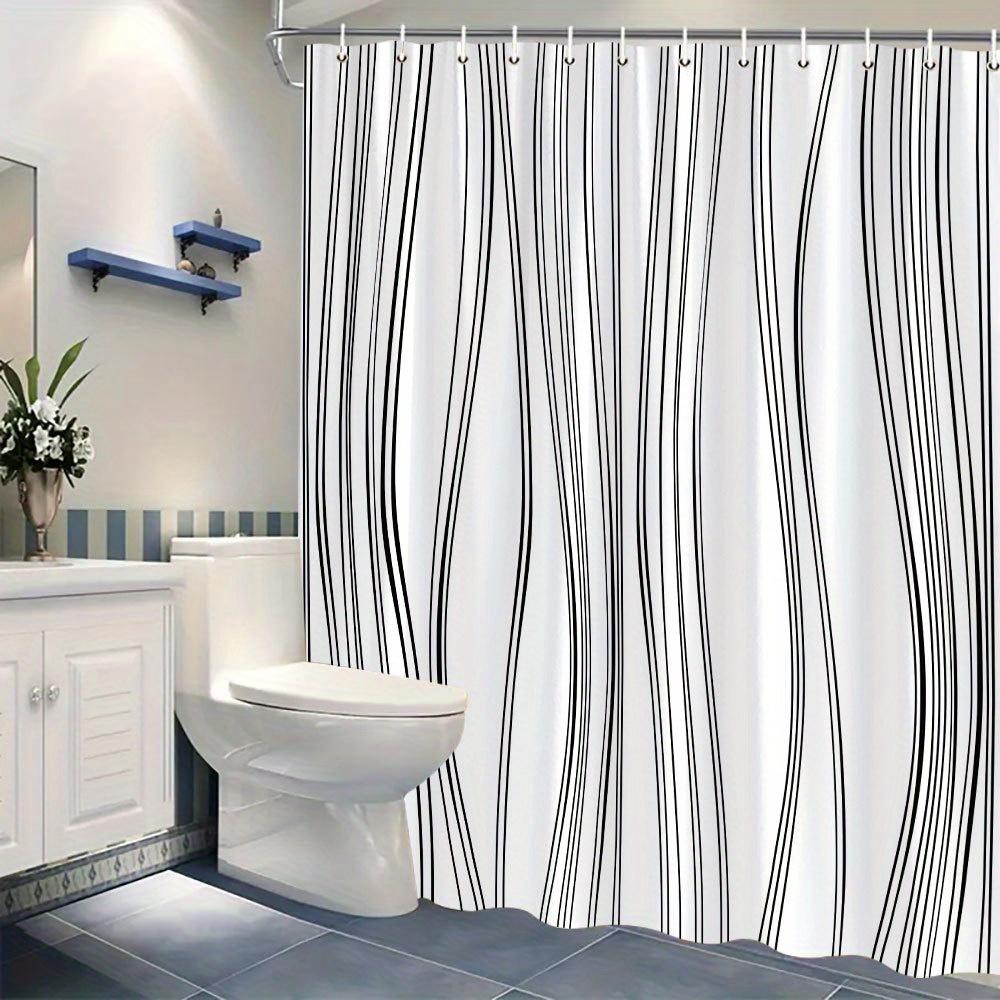 Contemporary Calligraphy Design Shower Curtain - Black & White Wavy Lines | Polyester Fabric, Includes 12 Hooks, 70x70 Inch