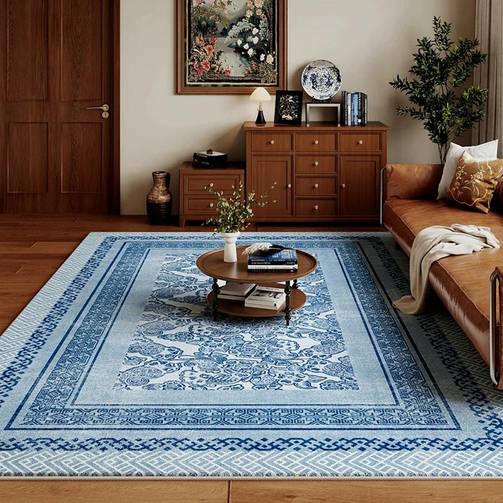 Blue Vintage Chinese Floral Rug Living Room Large Area Carpet Light Luxury Home Decoration Anti-slip Washable Mats Bedroom Rugs