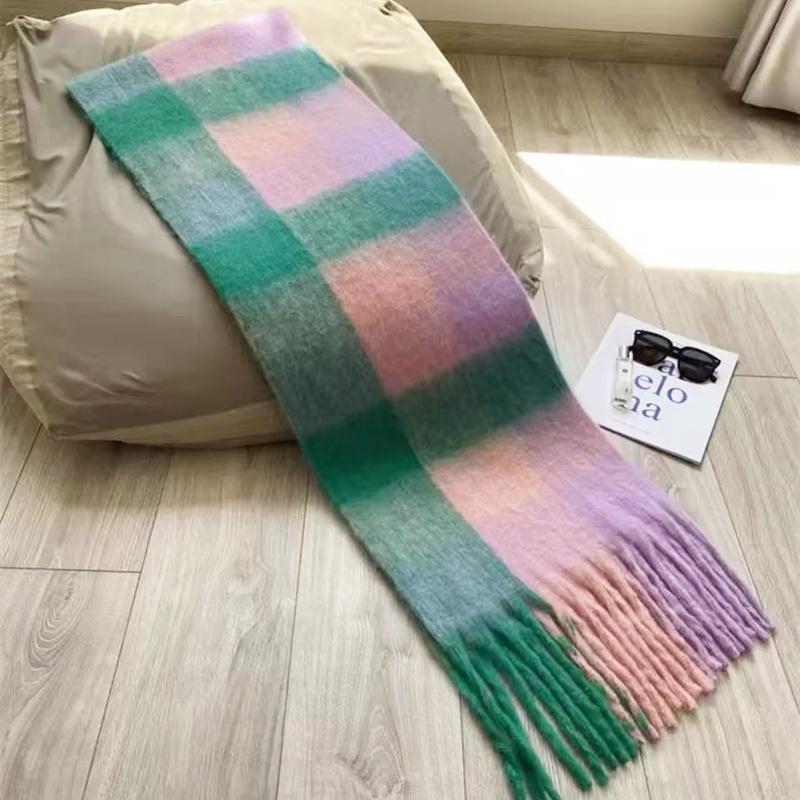 White cream blue and white plaid mohair scarf women's versatile shawl fluffy warm scarf