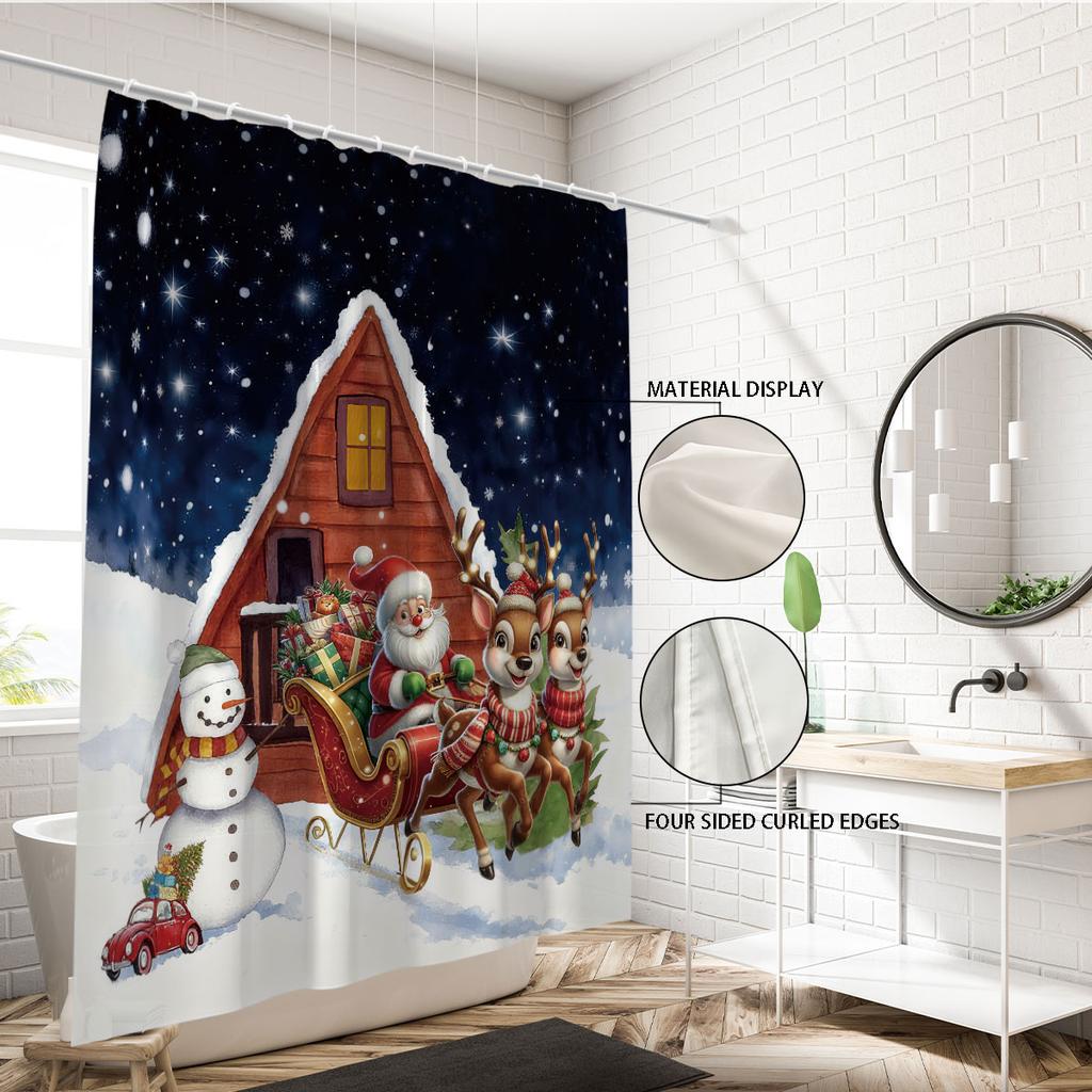 1Pc Santa Claus Printed Waterproof Shower Curtain Bathroom Partition Privacy Multiple Sizes With 12 Hooks Easy To Install