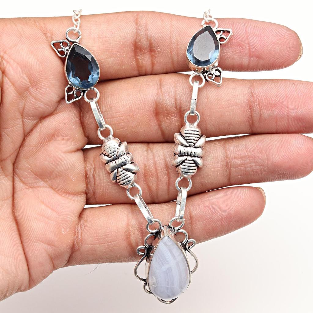 Lace Agate Pendant Blue Silver Jewelry 2.75" Gemstone Quartz Tanzanite