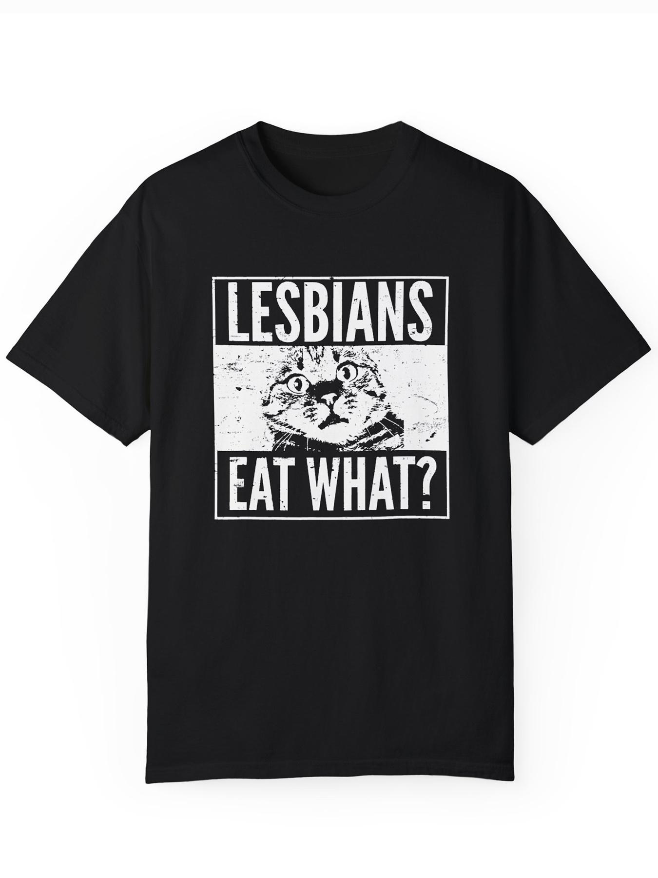 

Lesbian Cat Graphic Unisex S T-Shirt - Casual Black Cotton Tee with LESBIANS EAT WHAT Print XL