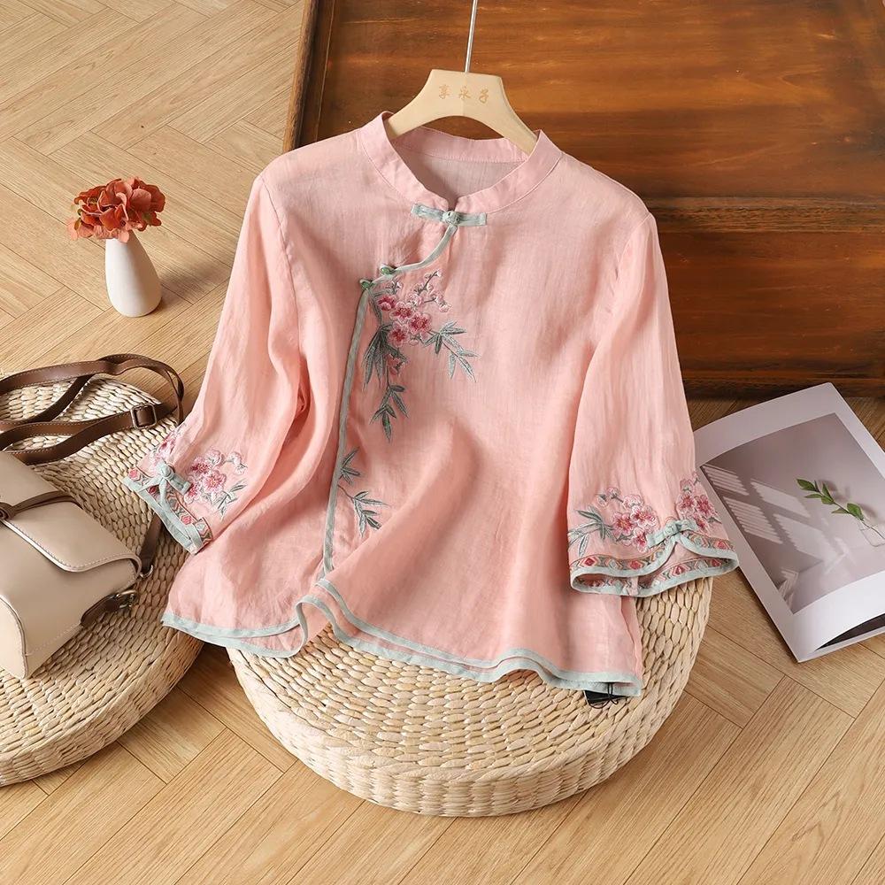 Summer New Retro Buckle Stand-up Collar Diagonal Placket Ethnic Style Embroidered Cotton and Linen Seven-quarter-sleeved Shirt Top Women