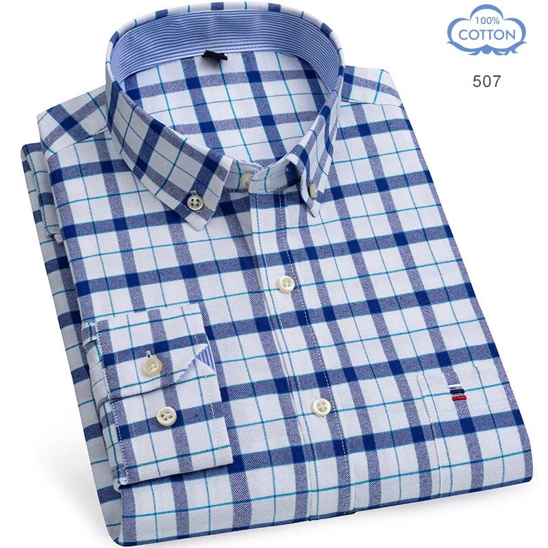 Camisas Oxford de Algodón 100% Puro para Hombre Manga Larga Camisa a Cuadros Rayada Masculina Negocios Tartán Camisa Roja Ropa de Diseño para Hombre