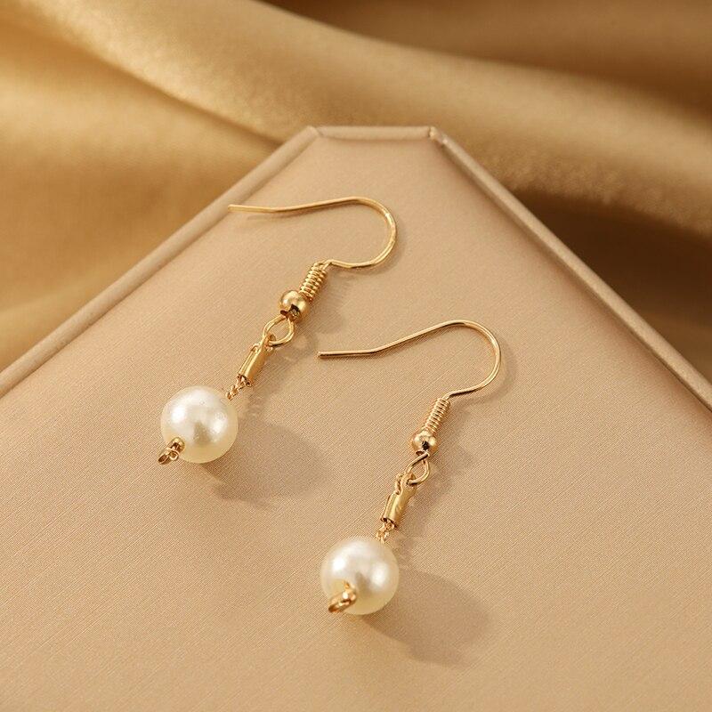 4pcs Gold-color Necklace Earring Bracelet Set Ladies Elegant Imitation-Pearls Collection Temperament Tassel Jewelry