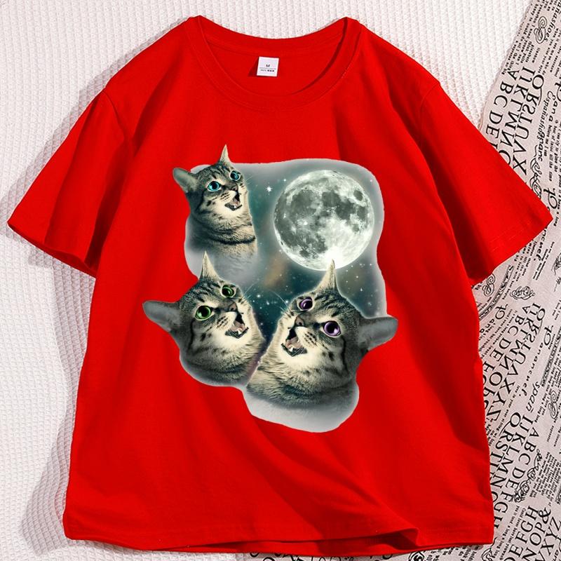 Three Cat Moon T Shirt Man Cotton Short Sleeve Funny Cat Parody Tshirt Wolf Moon Cat Cute Kitten Tshirt Male Clothes Tops
