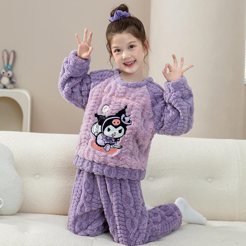 Kids Flannel Pajamas Set Boys Girls Warm Long Sleeve Top And Pants Sleepwear Winter Home Nightwear