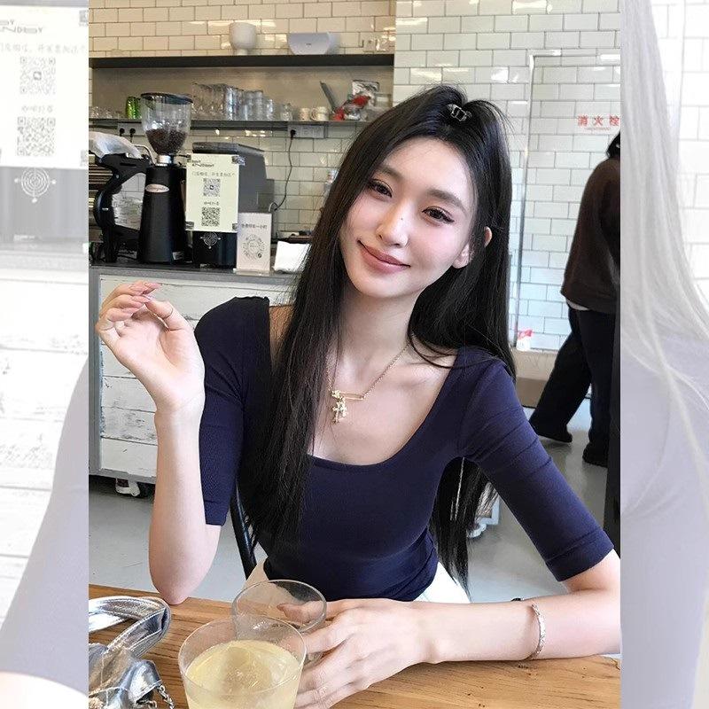 

Spice Girl navy blue big neckline square neck short-sleeved shoulder T-shirt women s summer small high waist short collarbone top S тёмно-синий