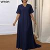 VONDA Summer Women Short Sleeve V Neck Solid Bandage Casual Long Maix Dress