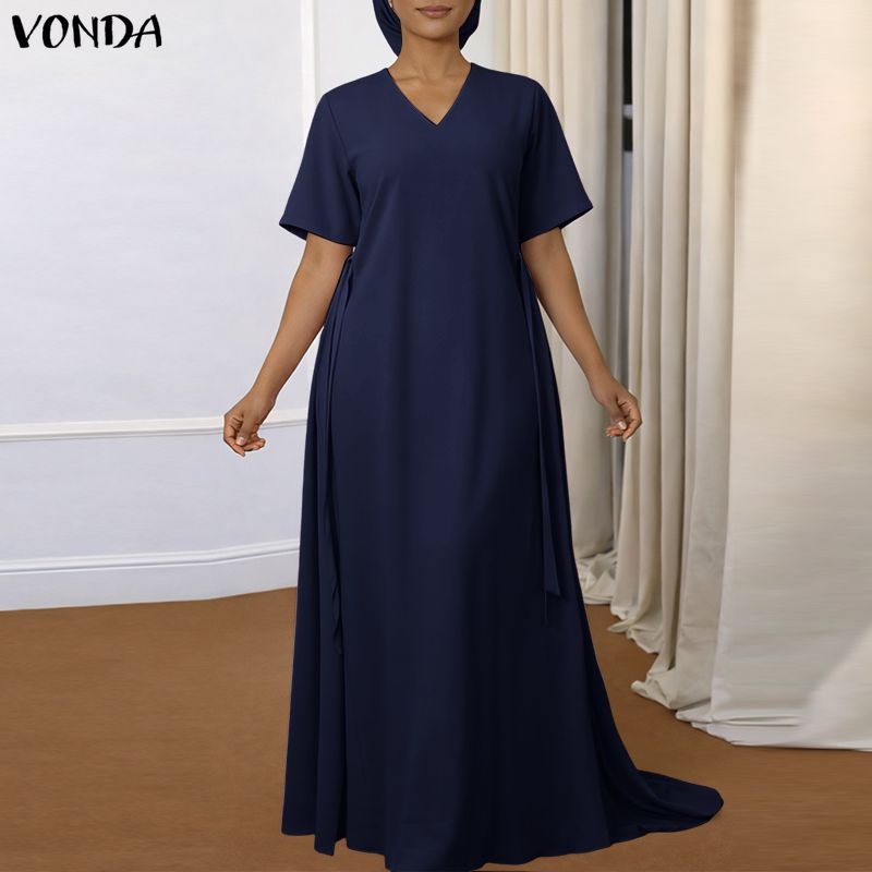 VONDA Summer Women Short Sleeve V Neck Solid Bandage Casual Long Maix Dress