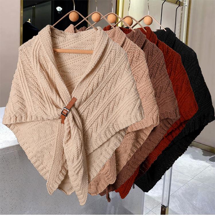 Women S Knitted Triangular Scarf With Buckle Dual Use As Shawl And Neck Warmer