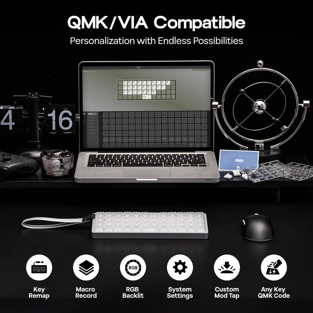 EPOMAKER Luma40 Low Profile Gaming Slim Wireless Mechanical CNC Aluminum Transparent PC Kailh Linear Wireless Compatible Keyboard, 40% Keyboard,