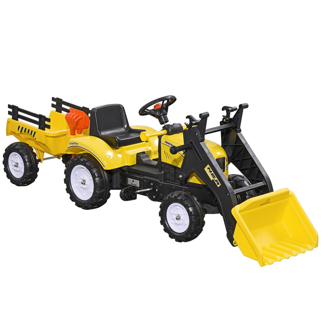 Children's Pedal Tractor with Front Loader and Trailer, Yellow/Black, Ages 3+